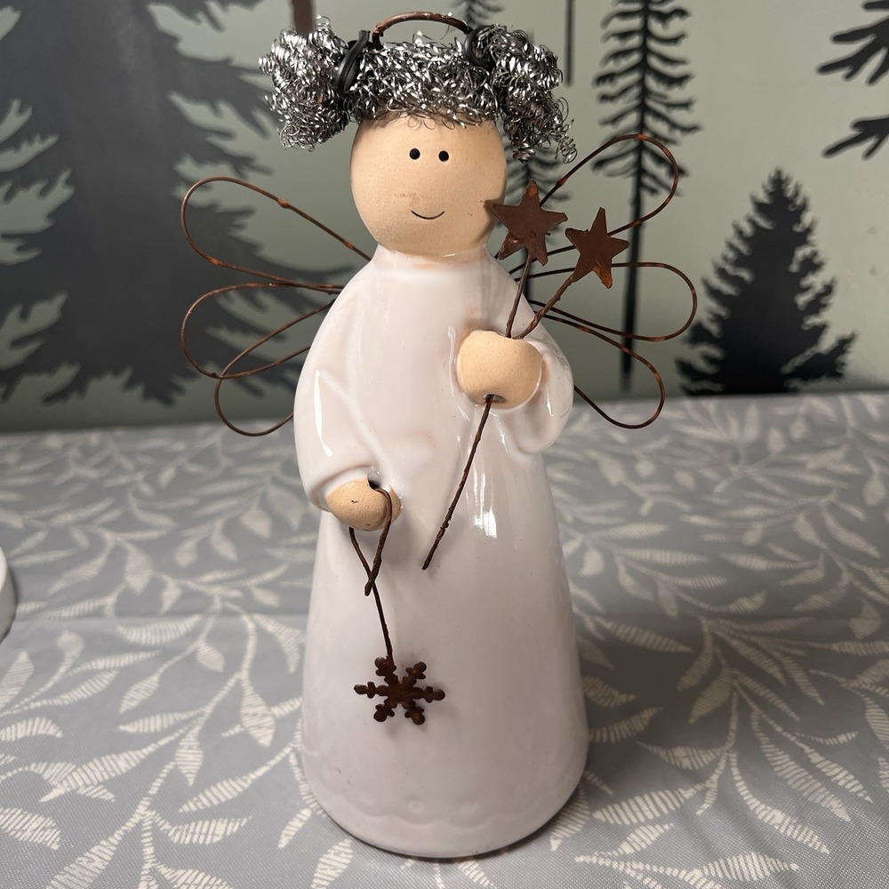 Handmade Ceramic Figurine Wire-Winged Angel‎ With Curly Hair Holding 2 Stars 8"